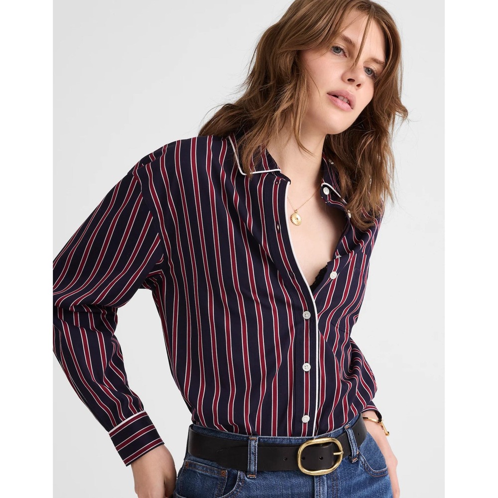 Madewell Long Button-Up Shirt in Stripe Poplin red navy stripe Small NWT